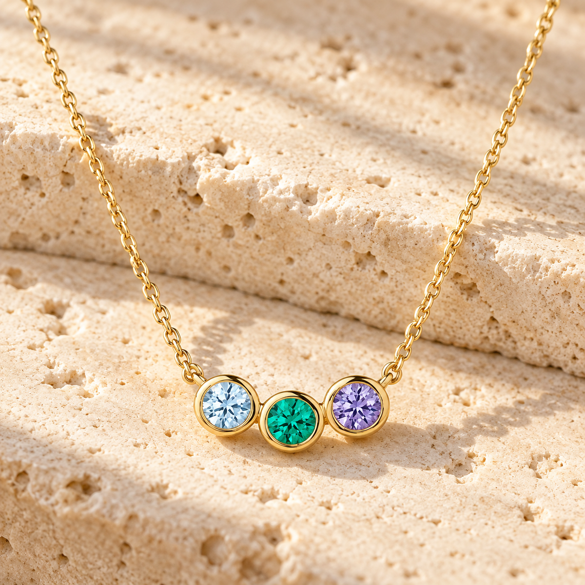 Three Stone Birthstone Necklace resting on pale travertine in sunlight