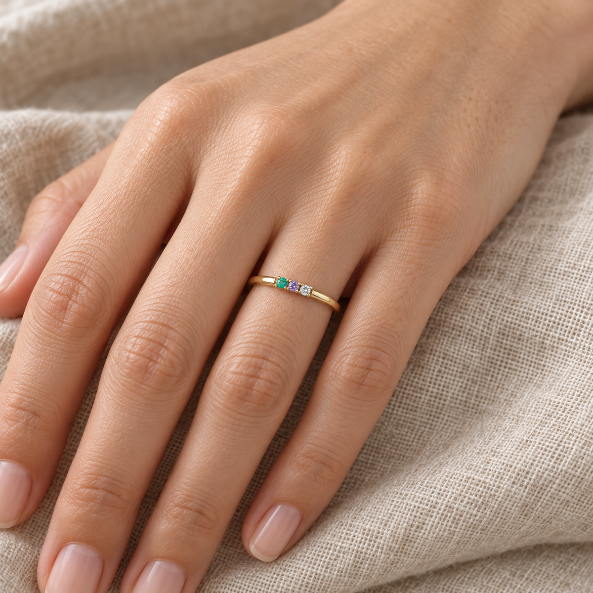 Three Stone Ring worn on a hand resting on natural linen