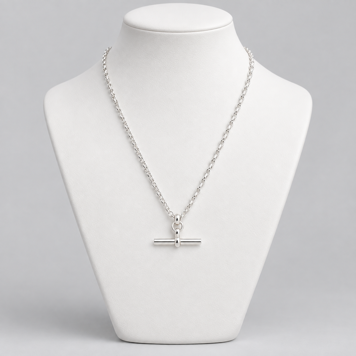 Silver T-Bar Chain displayed on a white bust