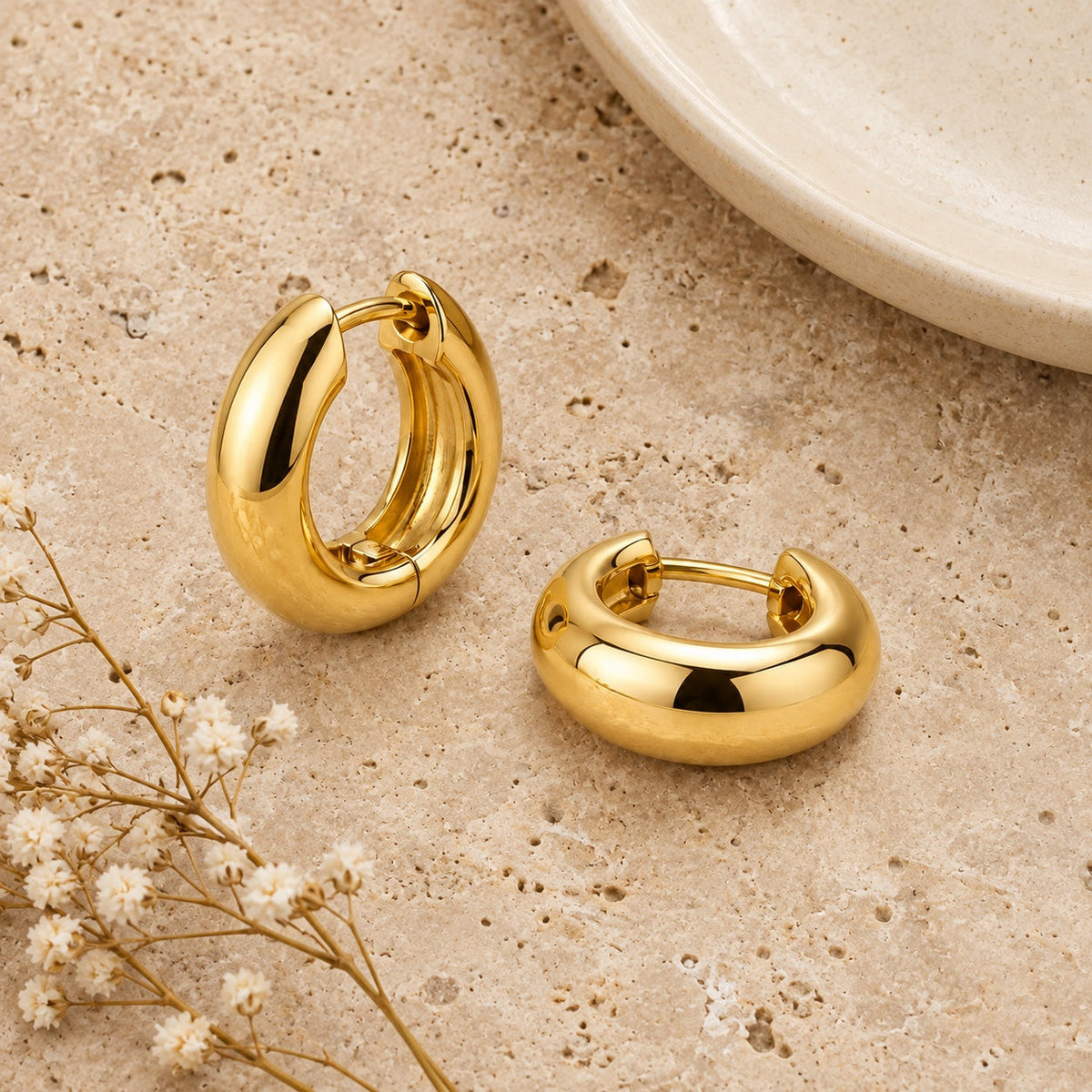 Chunky Huggie Hoops styled
