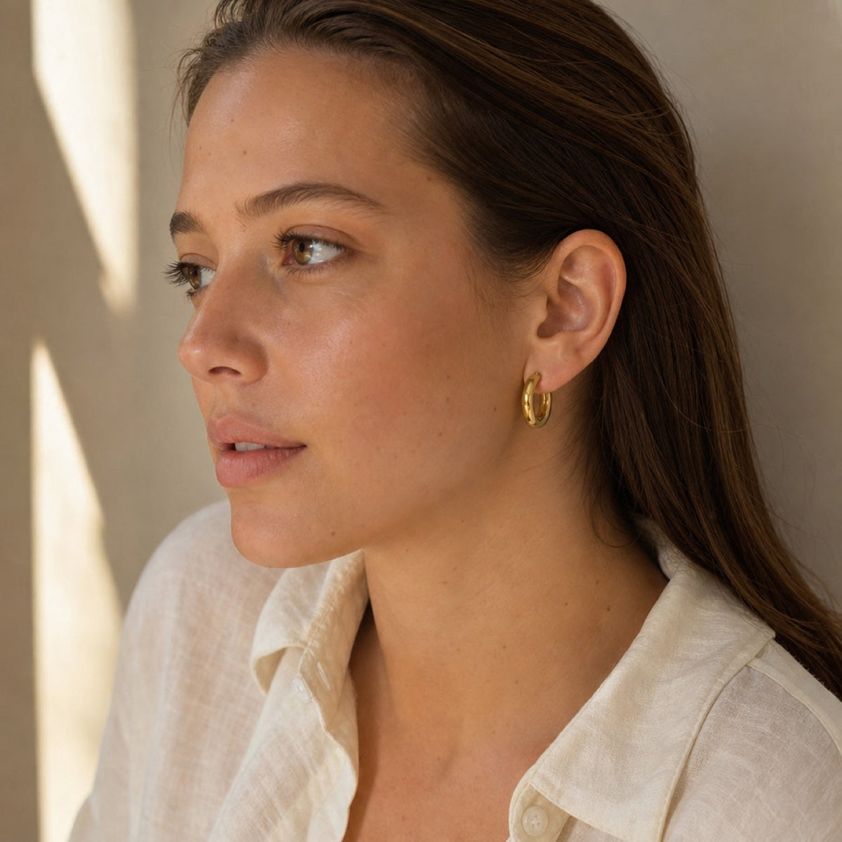 Polished Hoop Earrings on model