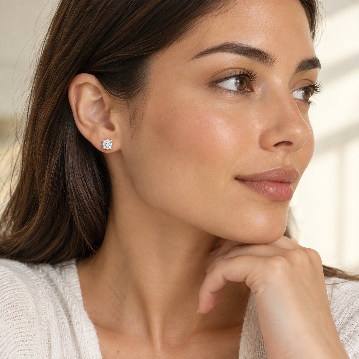 Solitaire Stud Earrings on model