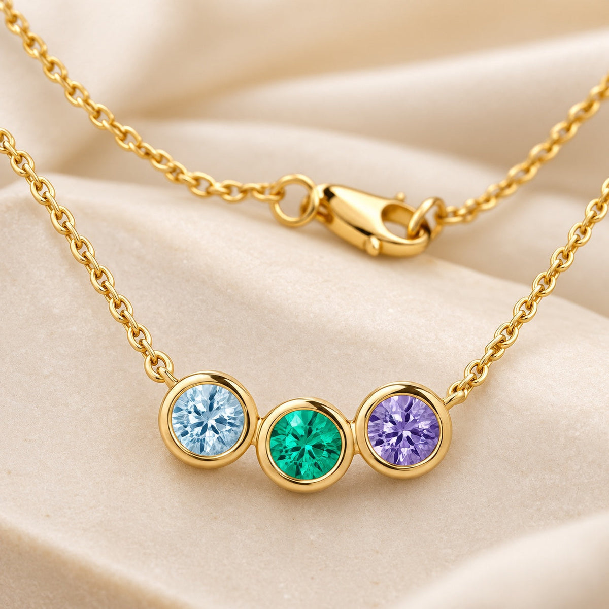 Three Stone Birthstone Necklace detail