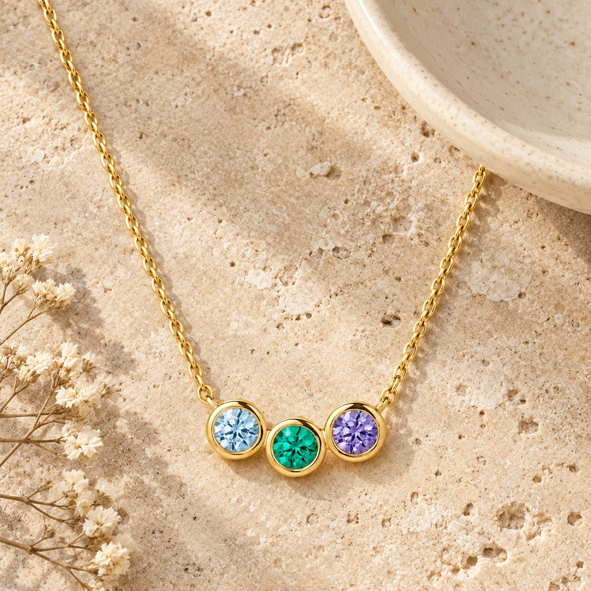 Three Stone Birthstone Necklace styled
